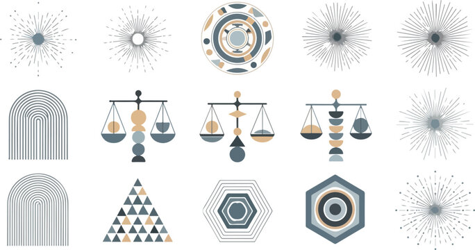 Set of abstract modern geometric and celestial vector icons featuring scales of justice, sunbursts, arches, and minimalist shapes for boho branding design projects