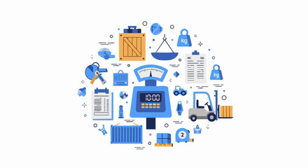 Naklejka premium Logistics and Supply Chain Management Concept Vector Illustration with Warehouse Equipment, Shipping Icons, Scale, Forklift, and Shipping Container
