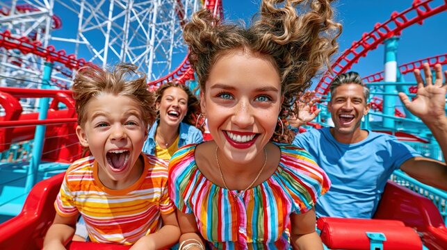 A happy family screaming with excitement while riding a fast roller coaster at an amusement park