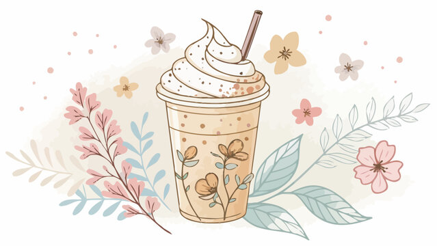 Cute iced coffee cup with whipped cream topping and delicate floral illustrations in a soft pastel watercolor sketch style for springtime refreshment designs