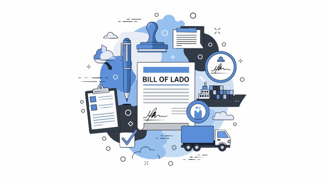 Bill of Lading and Global Logistics Illustration with Container Ship, Delivery Truck, and Business Documents for Supply Chain Management and Freight Forwarding Concept