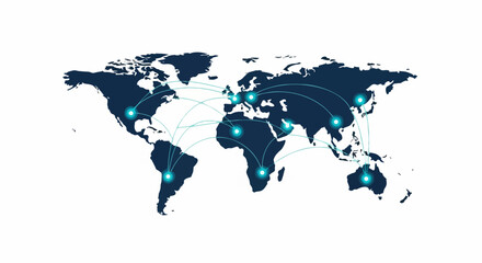 Naklejka premium Global World Map with Blue Connecting Lines and Glowing Data Nodes Representing Digital Networking, Logistics, International Trade, and Telecommunications on White Background
