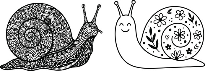 Stylized snail illustrations featuring intricate mandala patterns and simple cheerful floral shell designs for decorative and artistic concepts © MDGOLAM