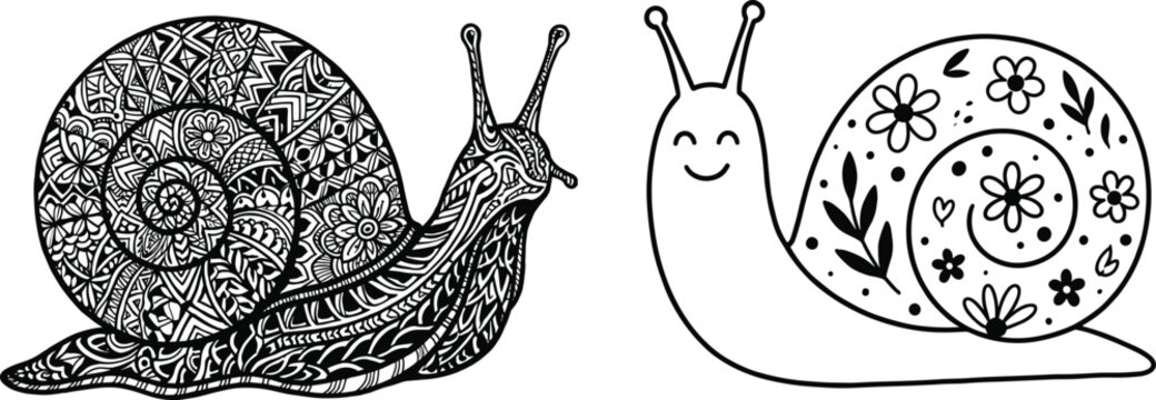 Stylized snail illustrations featuring intricate mandala patterns and simple cheerful floral shell designs for decorative and artistic concepts