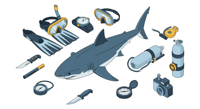 A collection of scuba diving equipment including goggles fins and an oxygen tank arranged around a central gray shark on a clean white background in an isometric style.