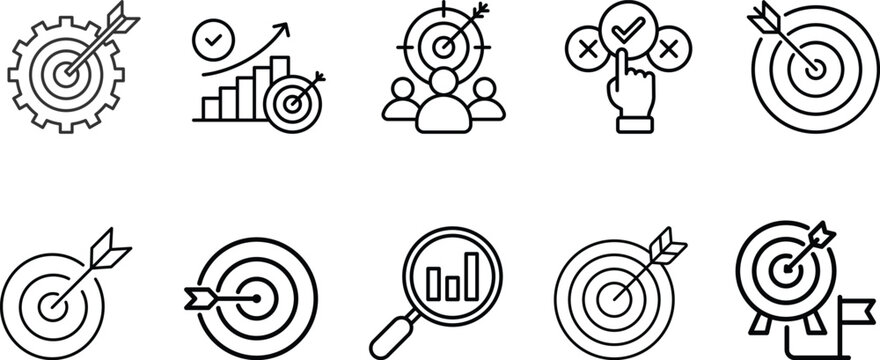 Collection black white target crosshair icons, goals accuracy focus selection, target destination icon set, aim sniper shoot group, focus cursor bull eye mark, gun target, archery target arrow