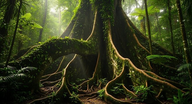 Giant ancient tree with massive buttress roots and sprawling vines in a misty jungle