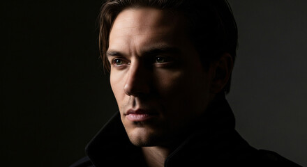 Fototapeta premium Pensive and captivating portrait of a handsome man with a serious expression, illuminated by dramatic low-key lighting, exuding deep thought and introspection