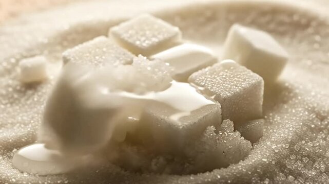 Wet sugar cubes dissolving in a pile of granulated sugar.