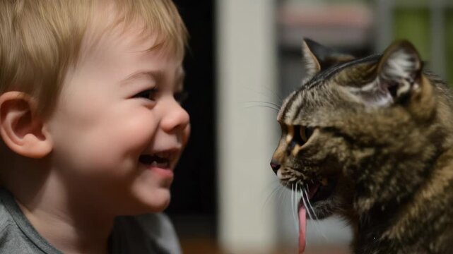 Joyful toddler and tabby cat share a tender moment with a playful lick