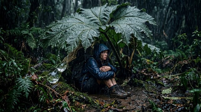 Woman sheltering from heavy rain under large jungle leaf
