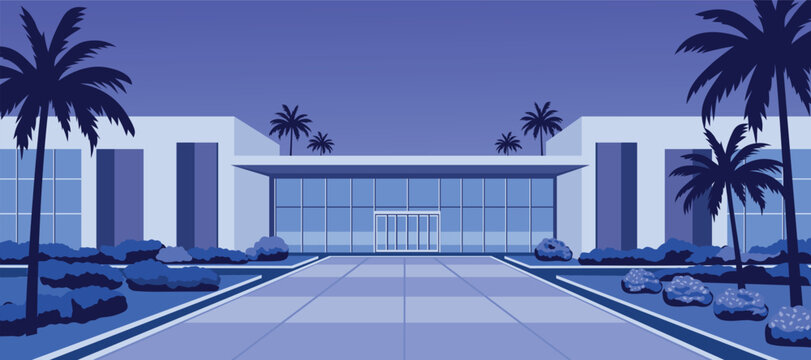 Modern Building Exterior with Palm Trees at Dusk. Modern Office at Night Illustration. Late Night Office Interior Design