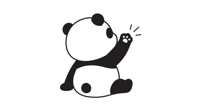Cute cartoon panda sitting side view raising paw with sparkle effect, line art