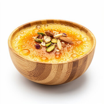 Lagane Nu Custard in Bamboo Bowl Isolated on White Background Square Composition Studio Shot