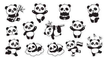 Collection of cute cartoon panda bears performing various activities and poses © NUSRAT JAHAN