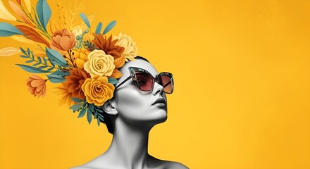 Lamas personalizadas con tu foto Creative Woman's Portrait with Floral Headpiece and Sunglasses Against a Vibrant Yellow Background