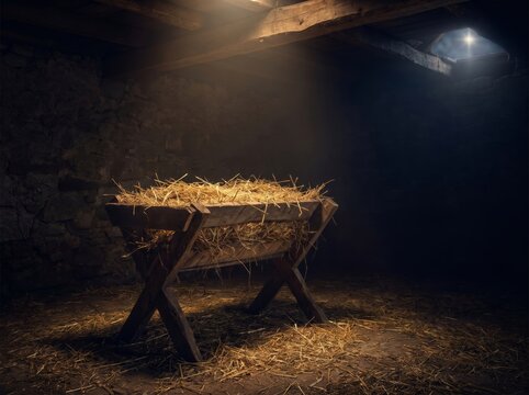 Christmas nativity scene with straw and light quiet barn photography rustic atmosphere