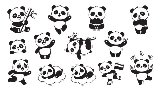 Collection of cute cartoon panda bears performing various activities and poses