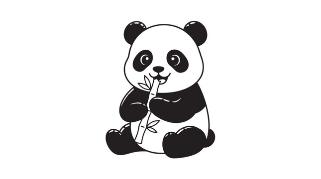 Cute baby panda bear sitting and happily eating bamboo shoot illustration