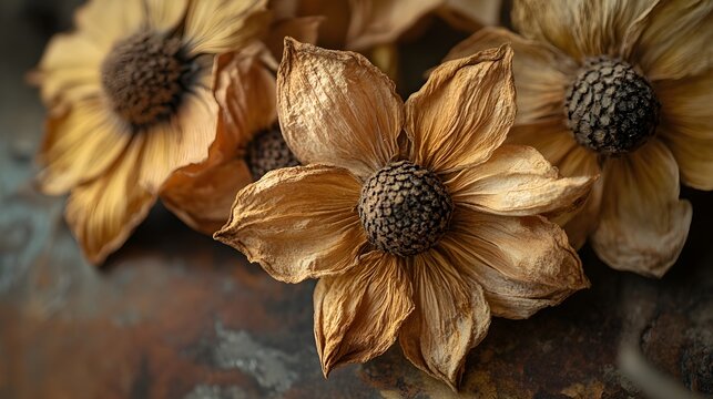 Close-up of dried golden gomphrena flowers on an earthy background