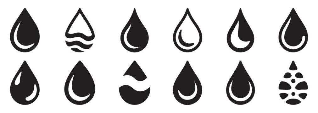 Set of various water drop icons for liquid and moisture themed graphic design and abstract projects.