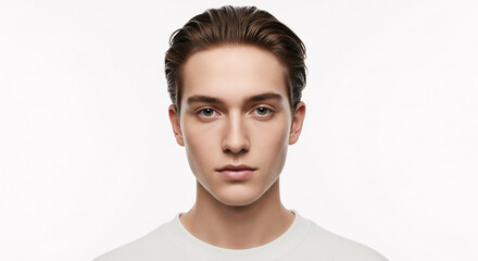 Obraz premium A captivating portrait of a young man, his direct gaze and serene expression capturing the essence of calm confidence and youthful perspective in a modern world