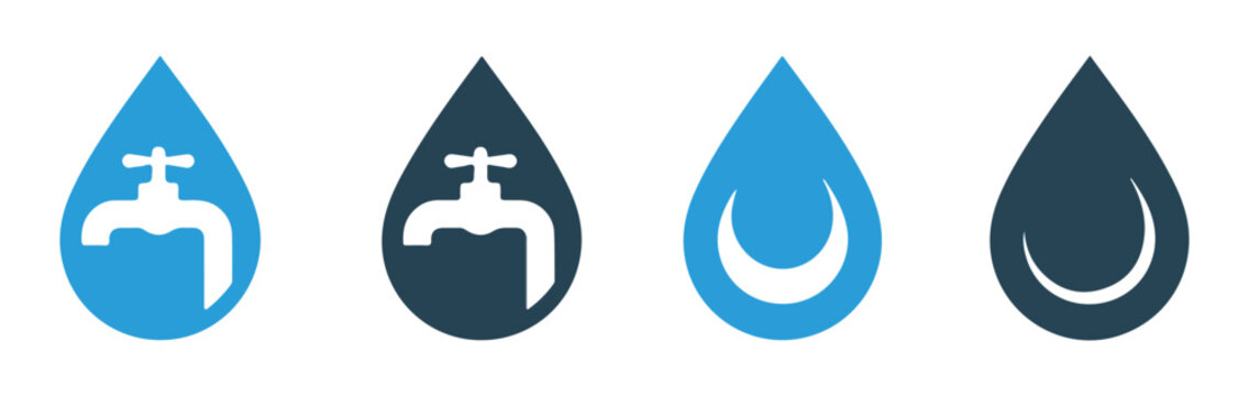 Water tap within drop shapes collection presenting blue and dark grey variants for plumbing designs.