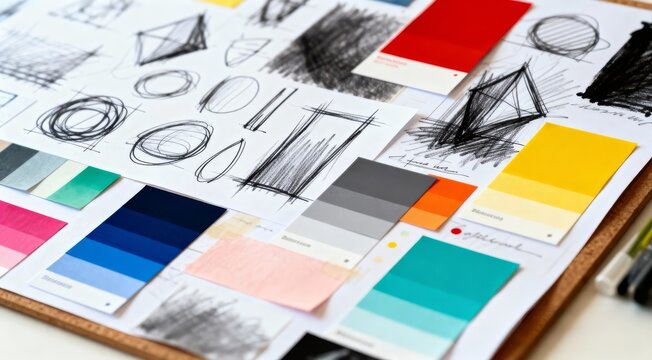Graphic design mood board with pencil sketches, geometric shapes, and professional color palette swatches in studio