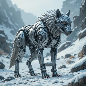 Ancient Robotic Dire Wolf in Snow Landscape