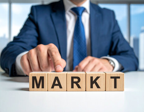 Markt - Geschäftsmann zeigt auf den Text "Markt"