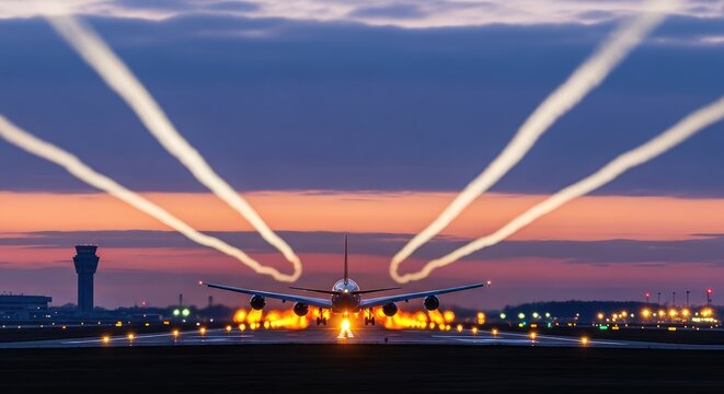 Glowing jet engines emit swirling smoke and sharp light beams as an airplane speeds down the runway during a dramatic dusk takeoff blur, airplane, turbine, streaks