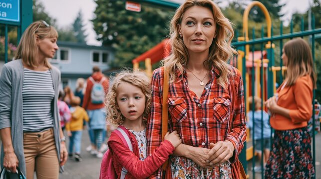 Worried mother and daughter standing at the entrance of a school or playground