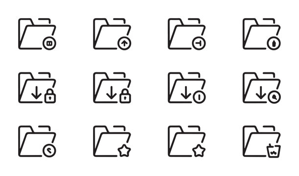 Outline icons of folders with different operations and symbols for digital information management.