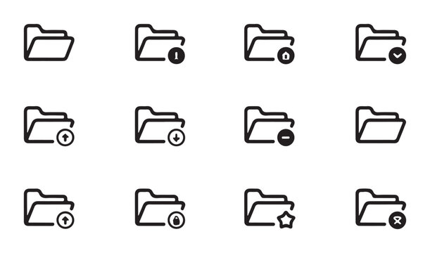Minimalist line icons for folders showing various actions and status indicators for digital files.