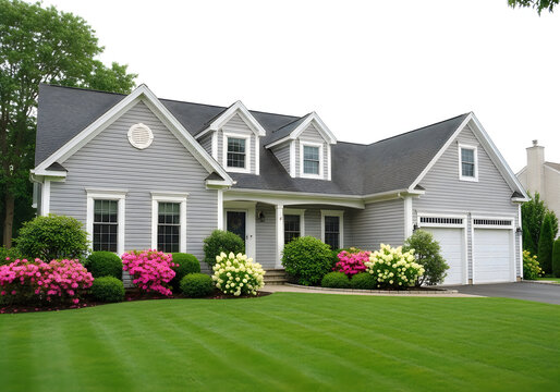 Beautiful gray house with white trim and green lawn and flowers  exterior design