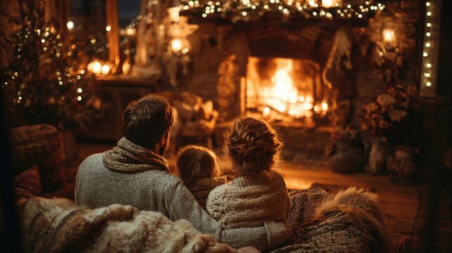 Family enjoying a cozy winter evening by the warm fireplace with Christmas lights