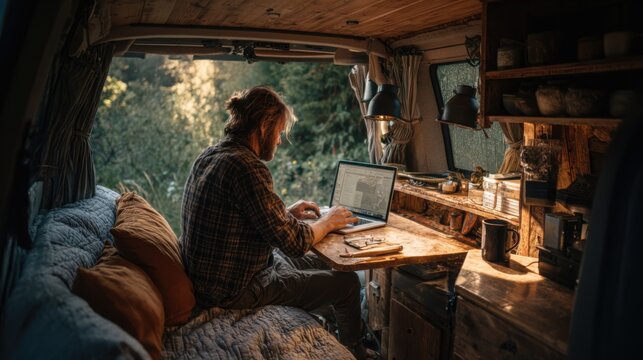 Man working on laptop inside a converted van with a cozy interior and natural light
