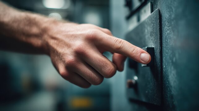 Hand pressing industrial control panel button during equipment operation and system management