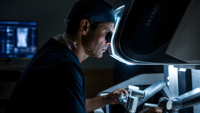 Surgeon Operating Advanced Robotic Surgical Console in Modern Operating Room, High-Tech Minimally Invasive Surgery Technology