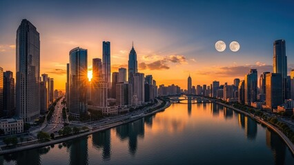 Fototapeta premium City skyline at sunset with buildings reflecting in the water