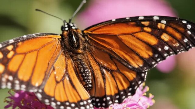 Monarch Butterfly Close Up - Orange Wings with Black Patterns on Pink Flower