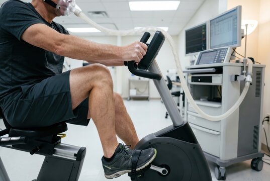 man on recumbent exercise bike wearing mask connected gas analyzer cart VO2max metabolic test cardiopulmonary assessment