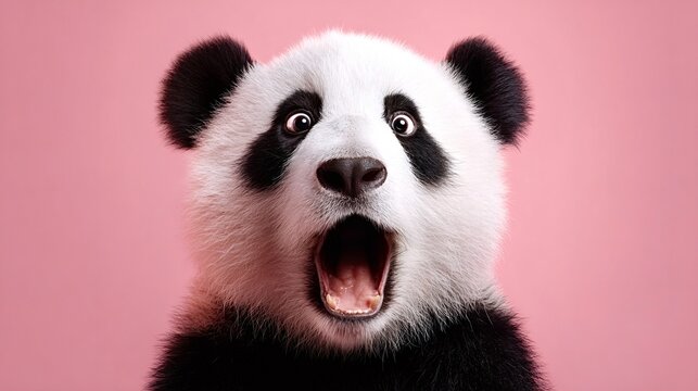 Giant panda headshot with wide eyes and open mouth in a shocked, comic expression against a vibrant pink background, playful yet startled wildlife portrait for editorial use