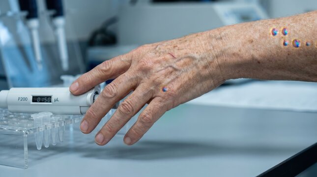 aged hand reaching micropipette microcentrifuge tubes laboratory geriatric research clinical pipetting precision technique skin veins
