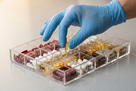 gloved hand picking golden softgel from 30 compartment pill organizer AM PM with food supplement biohacking regimen omega-3 fish oil vitamin capsule