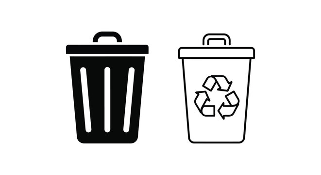 Trash can and recycling bin silhouettes with lids simple black and white illustration silhouette