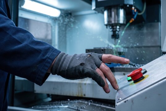 worker gloved hand pressing red emergency stop button CNC mill coolant arc mid-cut training cell machining
