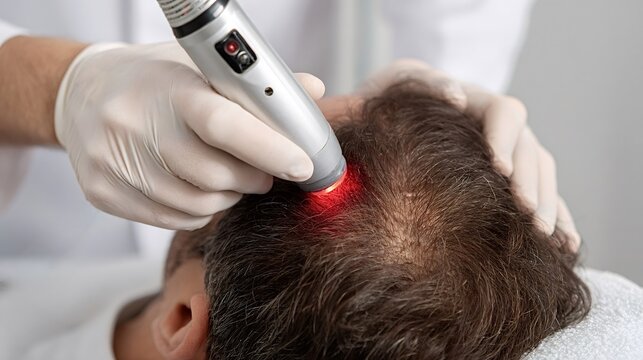 Professional performing a low level laser therapy session on a person's scalp, focusing on hair restoration and stimulating growth for effective hair loss treatment