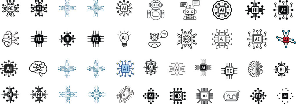 Outline icons chatbot, linear icon collection, artificial intelligence web icons line style, AI technology web mobile app, machine learning algorithm robotic cloud network, editable stroke vector icon