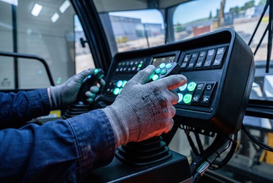 gloved hands operating haptic joystick control panel cab heavy equipment operator simulator leds training controls